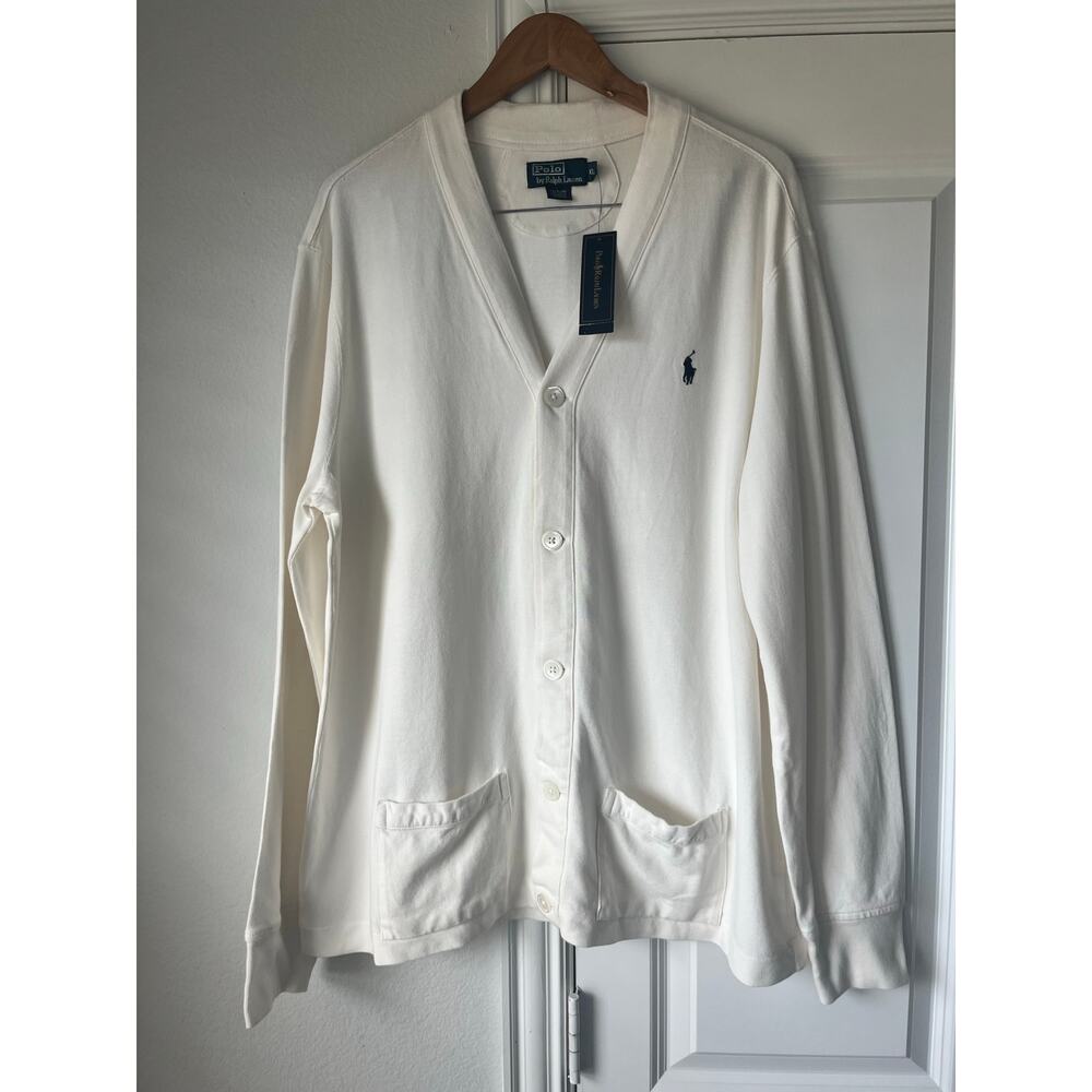 NWT Mens XL Polo Ralph Lauren Ivory Vintage 100% Cotton V-Neck Cardigan Preppy